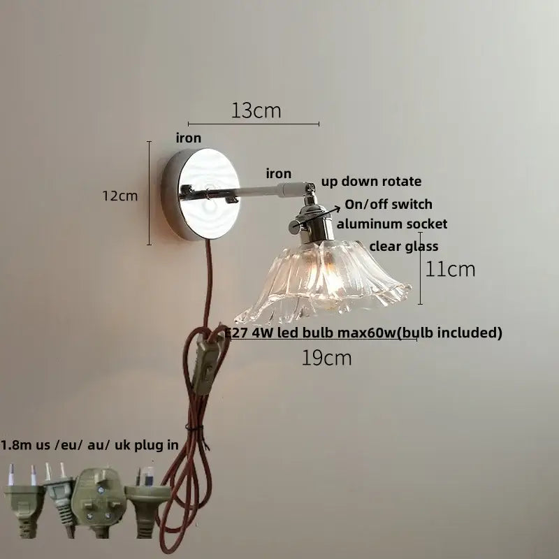Vintage brushed nickel led wall light with adjustable polished iron arm and clear glass shade for bedroom sconce lighting