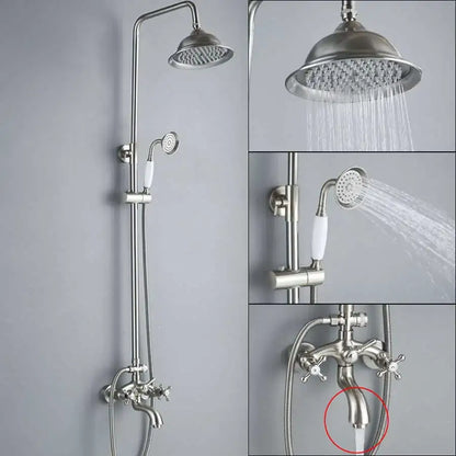 Vintage brushed nickel stainless steel shower mixer faucet with large rainhead handheld sprayer and cross-handle design