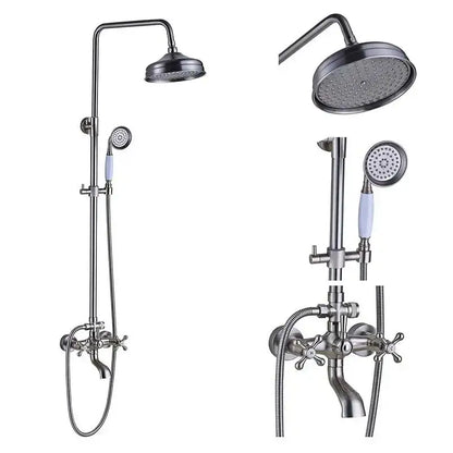 Stainless steel shower mixer faucet with matte finish, tall overhead rainhead, and handheld spray with blue ceramic handles