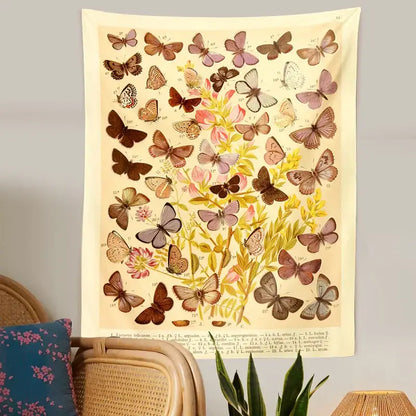 Beige vintage butterfly botanical tapestry wall hanging with brown purple pink butterflies and floral decor for bedroom decor