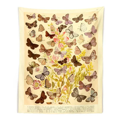 Vintage butterfly botanical tapestry wall hanging featuring detailed muted floral and butterfly illustrations on cream background