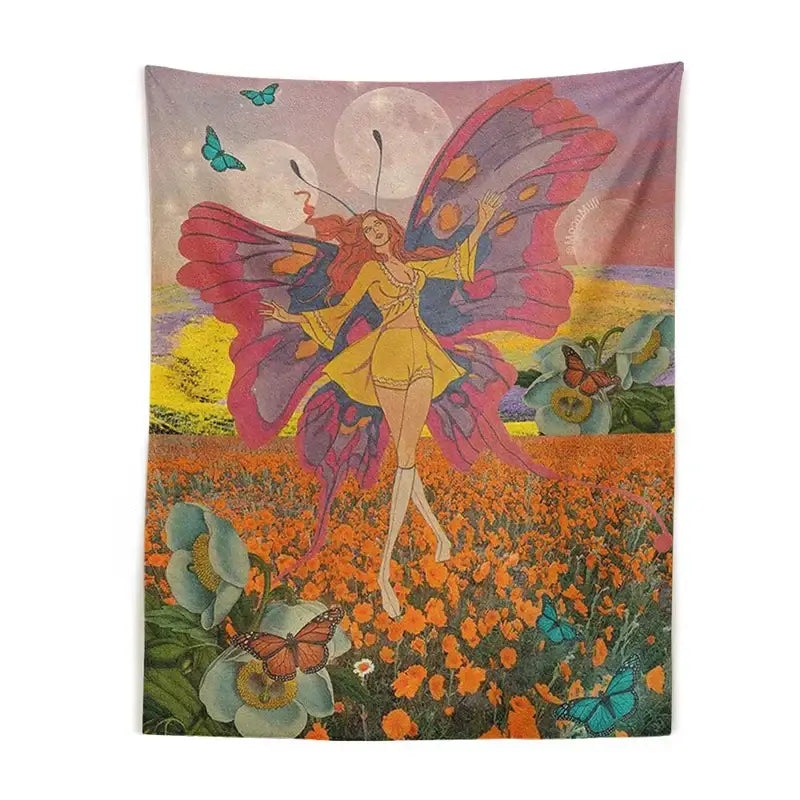 Vintage butterfly girl wall hanging tapestry featuring a pink purple orange fairy with wings surrounded by butterflies decorbites butterfly girl decor