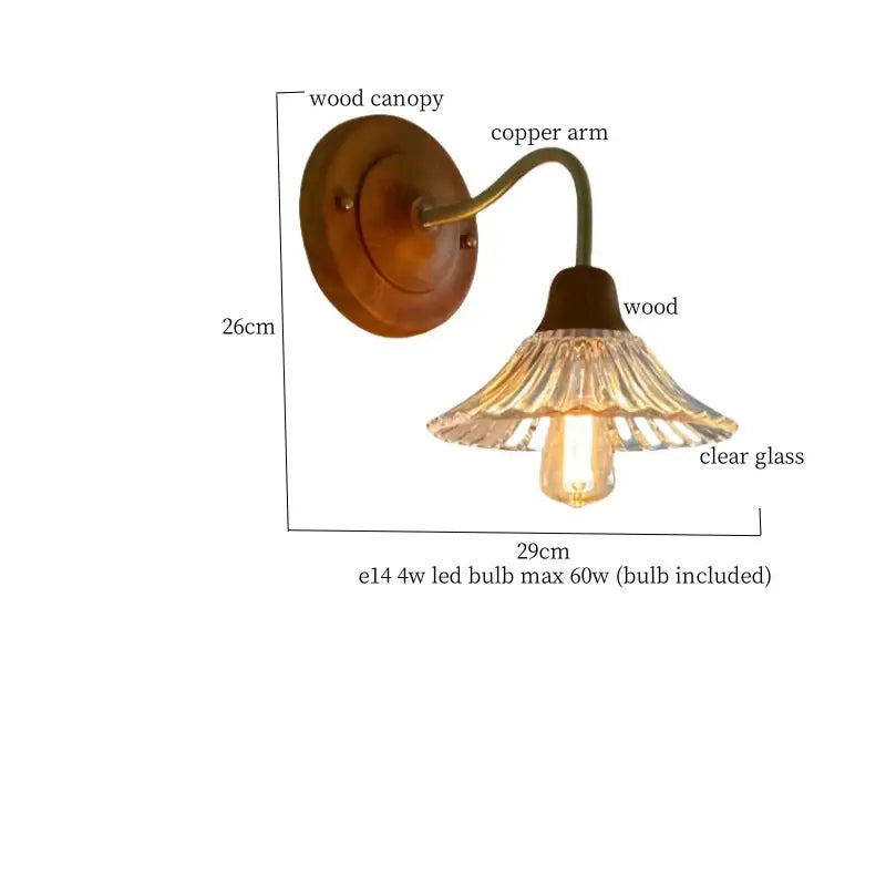 Vintage butterfly glass wall light with copper arm warm wood canopy and fluted clear glass shade by decorbites