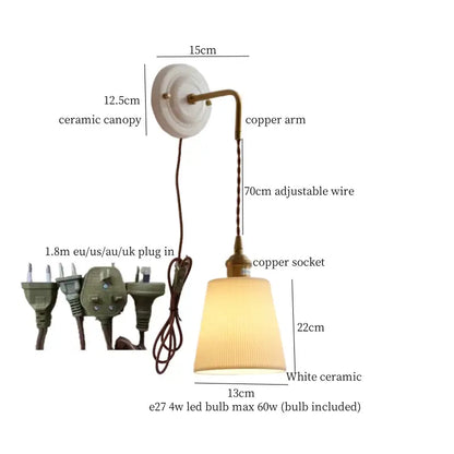 Vintage ceramic and brass wall sconce with adjustable led, white ribbed ceramic shade, and copper arm by decorbites