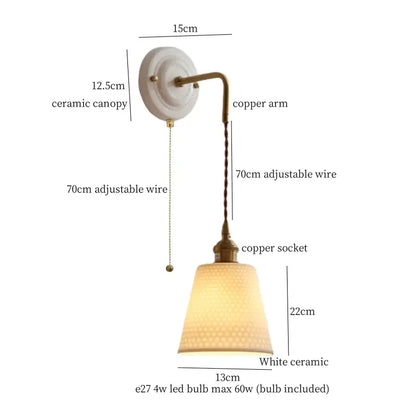 Vintage white ceramic and brass wall sconce with copper arm, adjustable wire, textured shade, and decorbites adjustable led light
