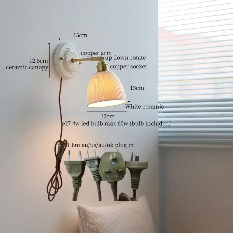 Vintage white ceramic and brass wall sconce light with copper arm and ribbed glass shade for bedroom use