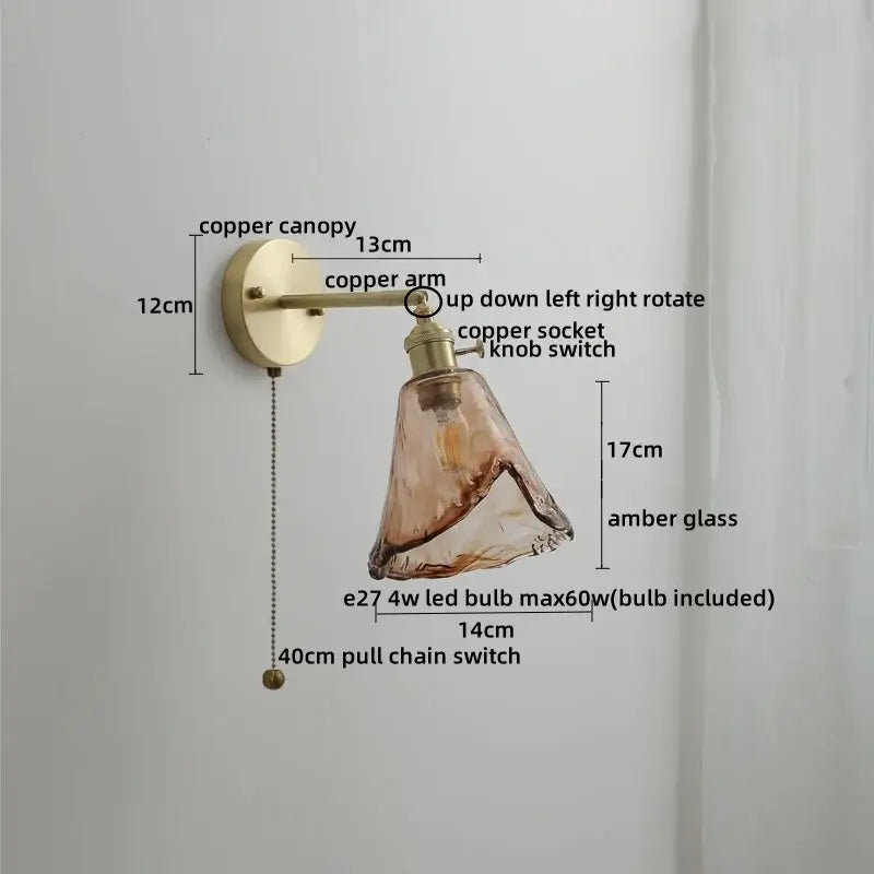 Vintage ceramic copper led wall light with amber glass shade and pull chain switch for bedroom decorbites ceramic copper