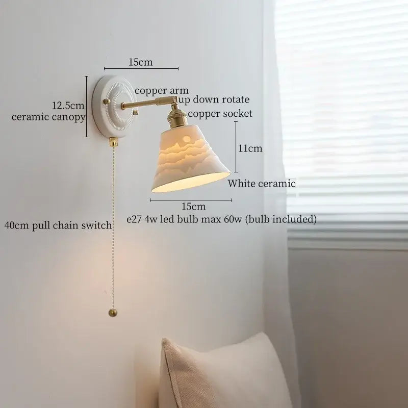 White ceramic led wall lamp with copper arm and etched landscape design vintage ceramic led ridged sconce decorbites ceramic led