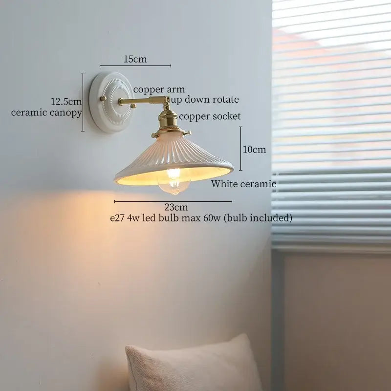 White ceramic led wall lamp with fluted ribbed shade and brass copper arm for vintage bedroom decorbites ceramic led sconce
