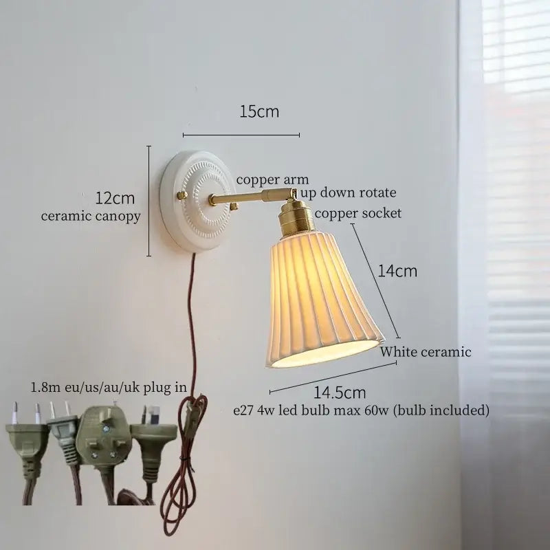 White ceramic led wall lamp with pleated fluted shade and brass-finished copper arm for vintage bedroom decorbites ceramic led