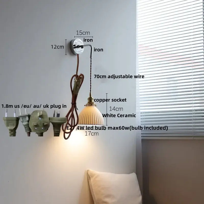 Vintage ceramic led wall sconce with ribbed white ceramic shade and brass fittings for bedroom decorbites ceramic led wall