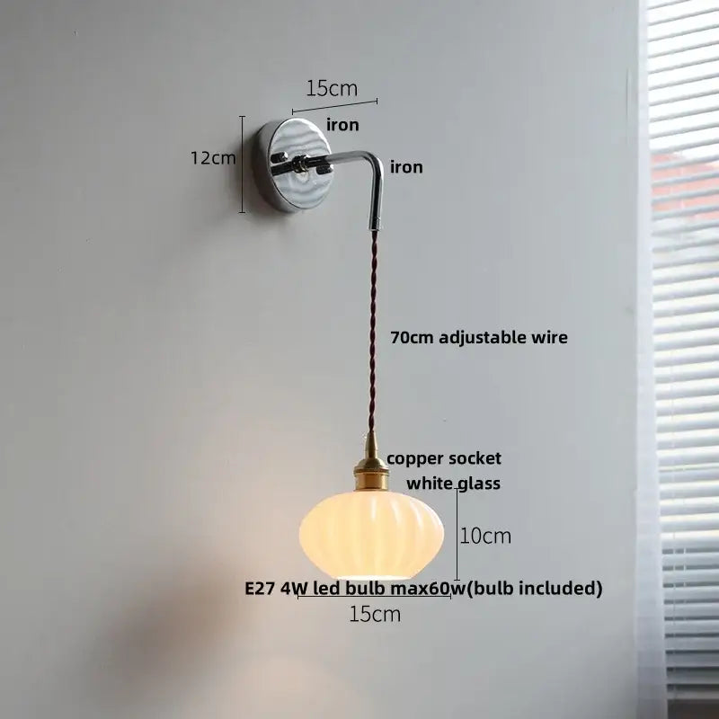 Vintage ceramic led wall sconce with polished iron bracket, adjustable copper cord, and white glass lampshade for bedroom decorbites ceramic led wall