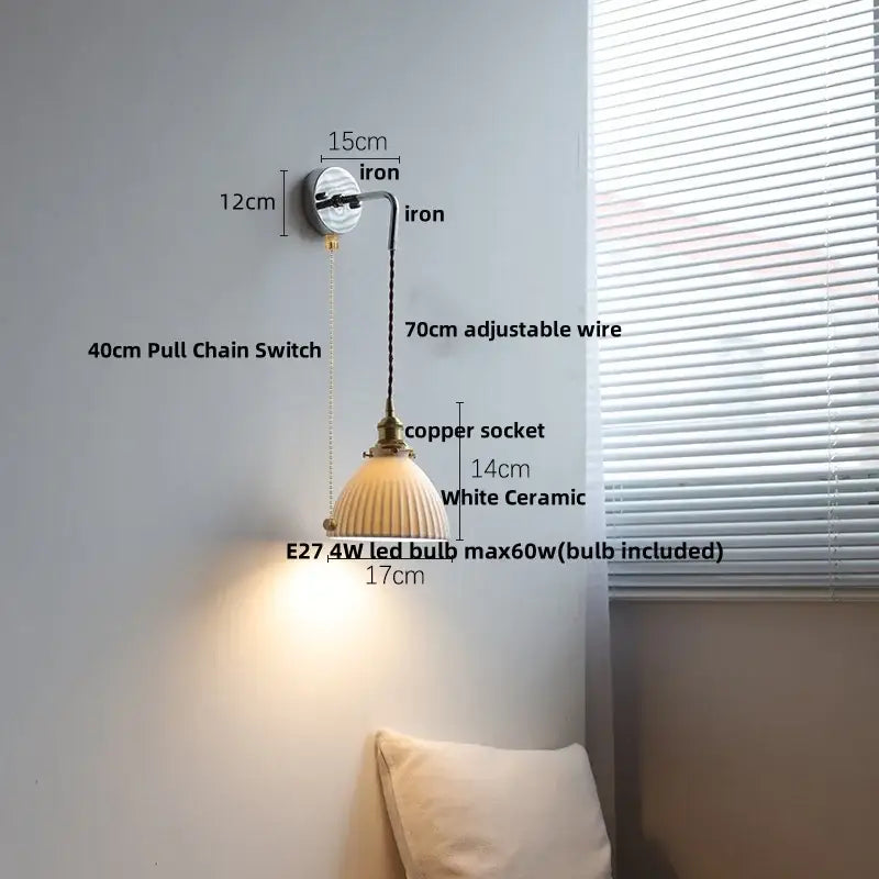 Vintage ceramic led wall sconce with white ceramic shade copper socket and iron bracket for bedroom decorbites ceramic led