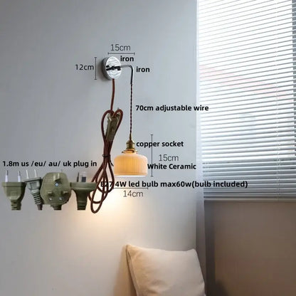 Vintage ceramic led wall sconce with white ceramic shade brass copper socket and iron mounting bracket for bedroom decorbites ceramic led