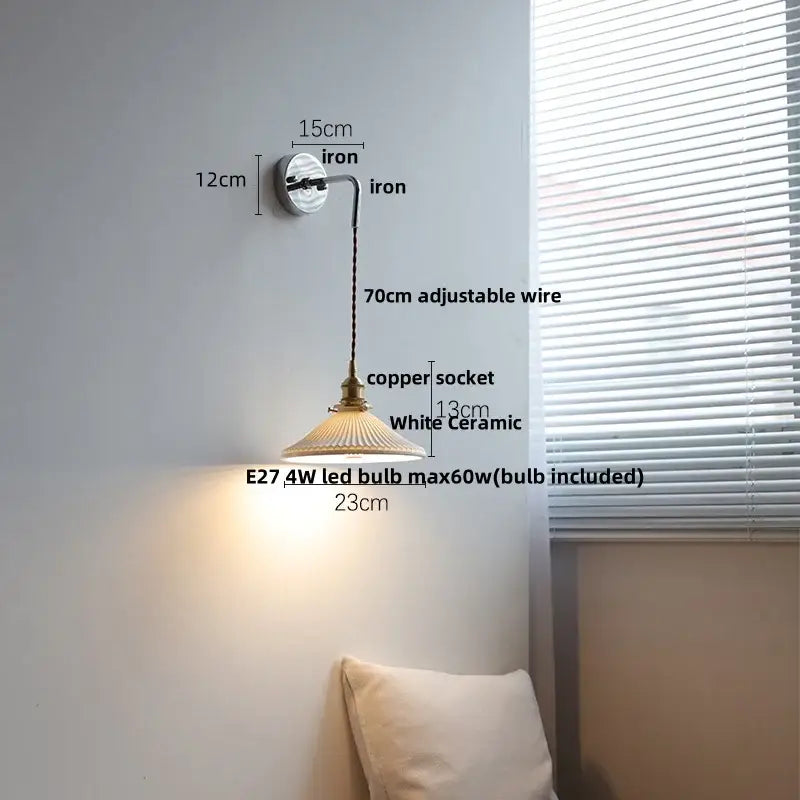 Vintage ceramic led wall sconce with brass copper socket, white ceramic shade, and adjustable iron arm for bedroom decorbites ceramic led