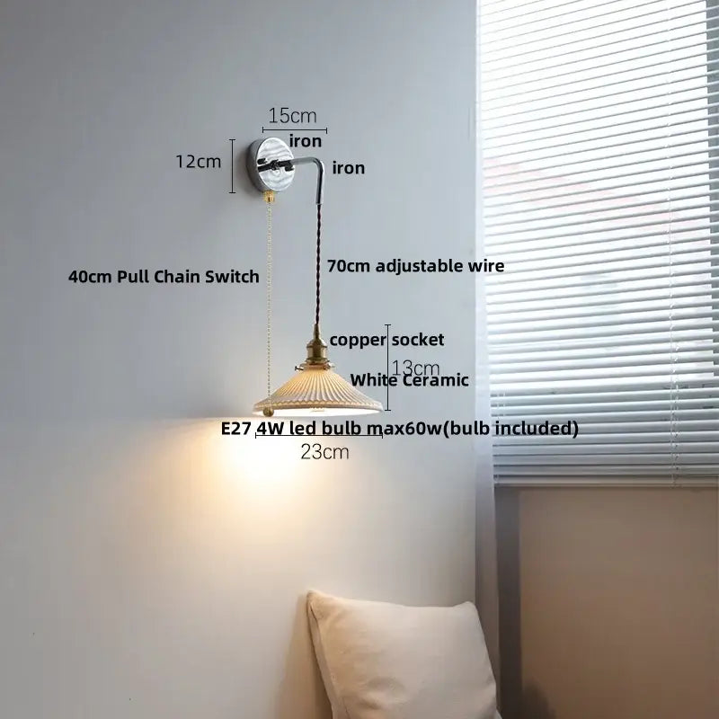 White ceramic led wall sconce with brass-finished iron mount and copper socket for bedroom decorbites ceramic led decor