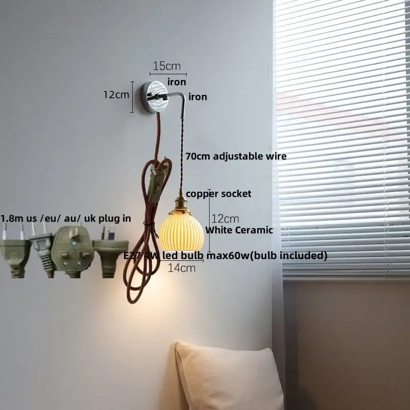 Vintage white ceramic led wall sconce with ribbed glass shade and brass copper socket for bedroom decorbites ceramic led