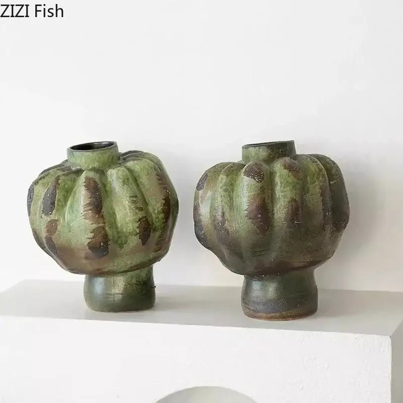 Two rustic green vintage ceramic vases with textured segmented design and dark brown glaze for living room decorbites decor