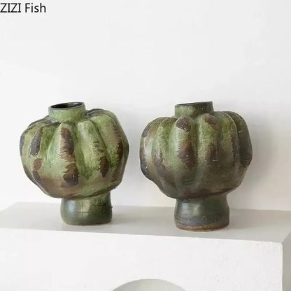 Two rustic green vintage ceramic vases with textured segmented design and dark brown glaze for living room decorbites decor