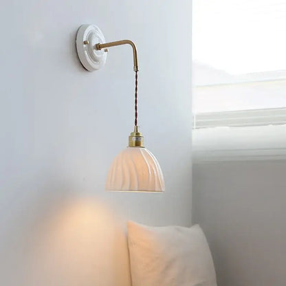 Vintage ceramic wall sconce with copper arm and off-white ribbed glass shade wall sconce decorbites ceramic wall lamp