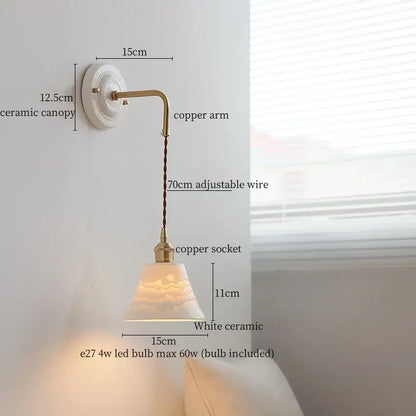 Vintage ceramic wall sconce with white ceramic shade, copper arm, adjustable wire, and sun motif for bedroom decorbites ceramic wall sconce