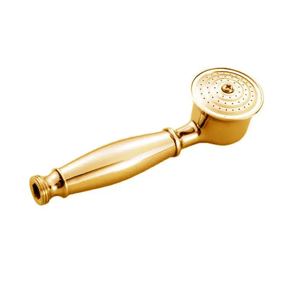 Vintage chrome and white ceramic shower hand holder with gold polished brass shower hand featuring curved handle and nozzles