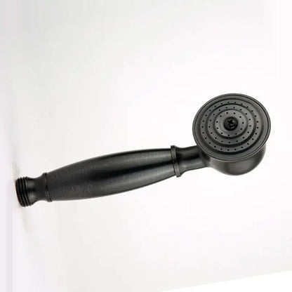 Black matte-finished handheld showerhead with circular spray face and textured grip alongside vintage chrome and white ceramic shower hand holder
