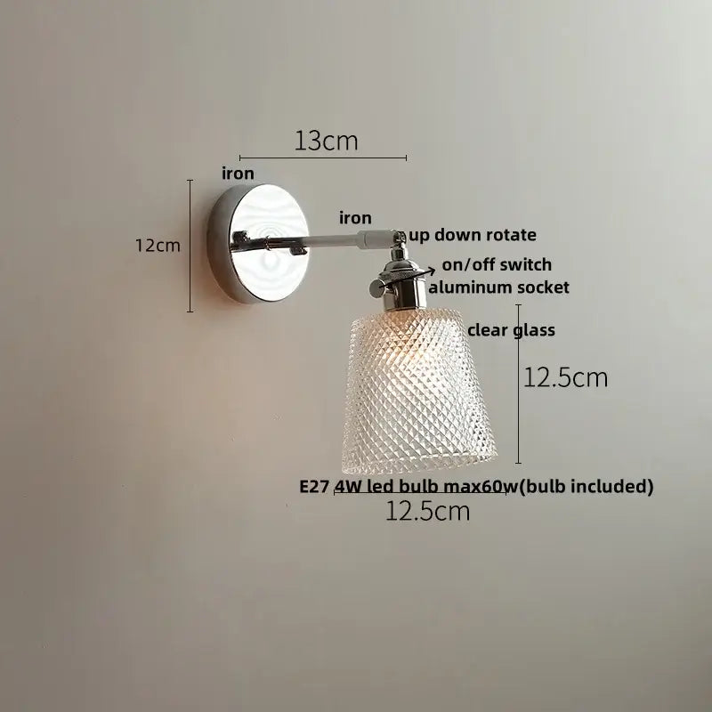 A vintage chrome clear glass wall sconce with polished iron base and diamond-patterned shade for bedroom decorbites clear glass