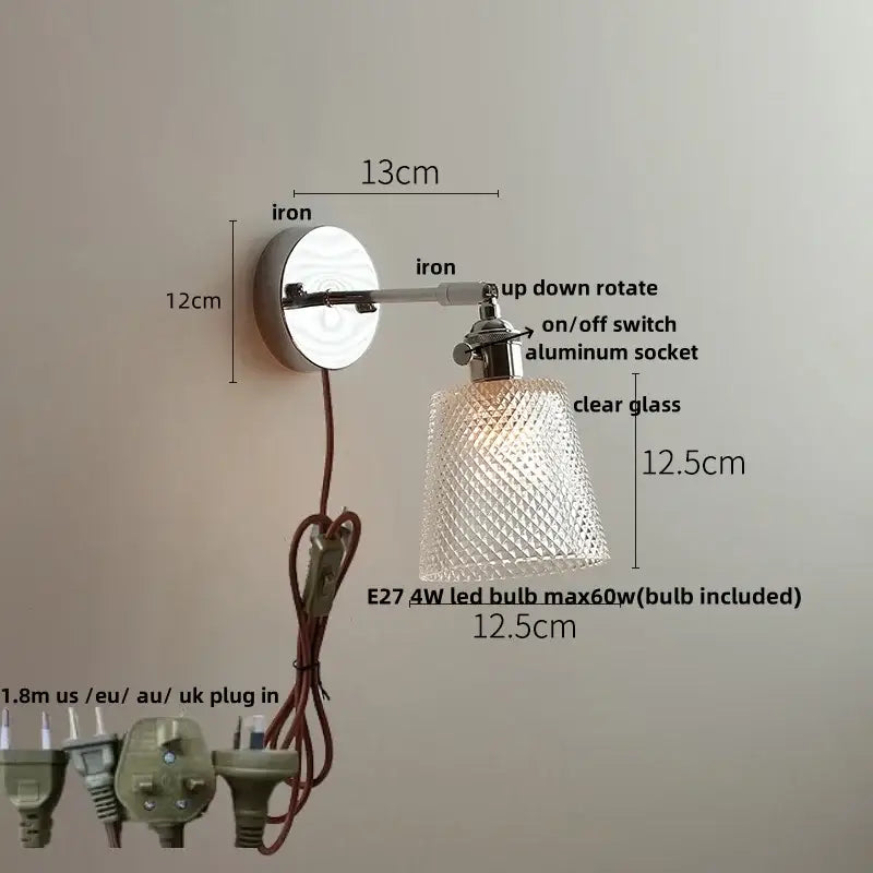 A vintage chrome clear glass wall sconce with polished iron base and diamond-cut shade for bedroom decorbites clear glass