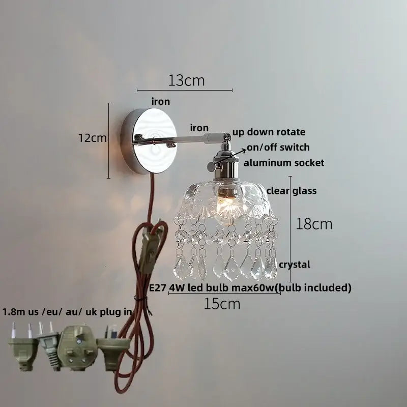 Vintage chrome clear glass wall sconce with polished iron arm and dangling crystal teardrops for bedroom decorbites clear glass