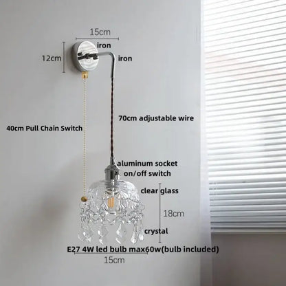 Vintage chrome clear glass wall sconce with dangling crystal droplets and chrome iron wall mount for bedroom decorbites clear glass lighting