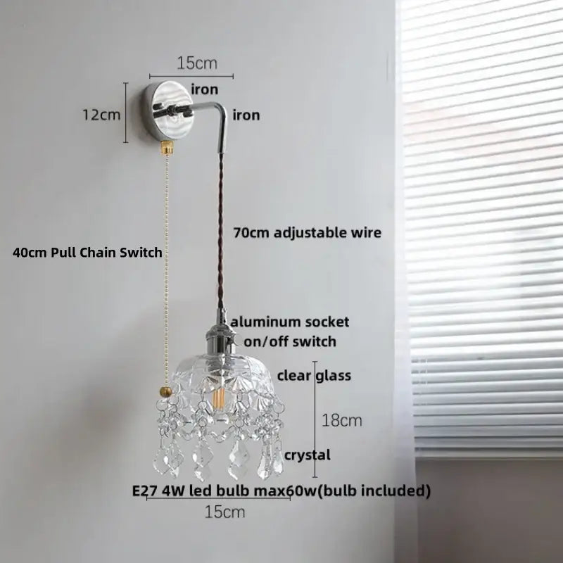 Vintage chrome clear glass wall sconce with dangling crystal droplets and chrome iron wall mount for bedroom decorbites clear glass lighting
