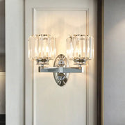 Vintage chrome cylindrical crystal wall sconce with two faceted shades 110v-120v inch fixture width for bedroom lighting