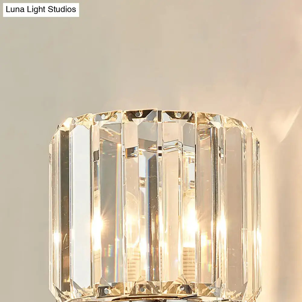 Vintage chrome cylindrical crystal wall sconce with clear faceted prisms and warm glow 220v-240v 110v-120v inch fixture width