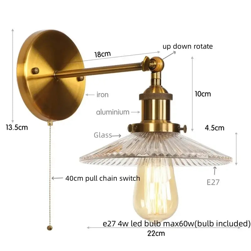 Brass-finished wall light with textured faceted glass shade and exposed edison bulb for decorbites chrome led wall use
