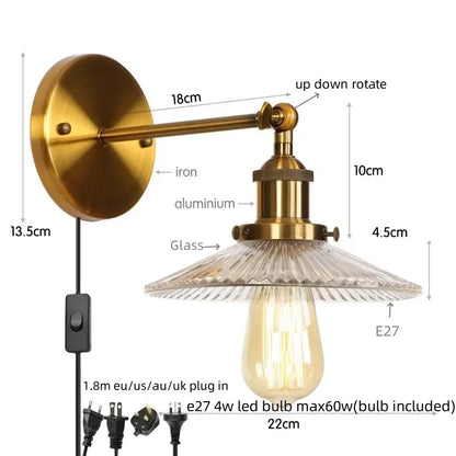 Brass-finished wall light with textured glass shade and exposed edison bulb decorbites chrome led wall sconce for bedroom