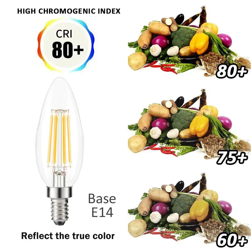 Vintage clear glass led candle bulb with metallic e14 base ideal for dining room lighting in a 12 pack set