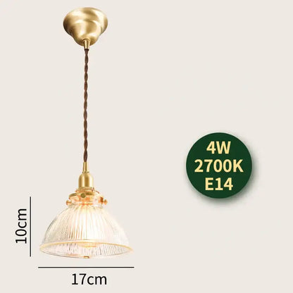 Vintage-style brass pendant light with clear ribbed glass shade and twisted brown cord by decorbites glass lamp