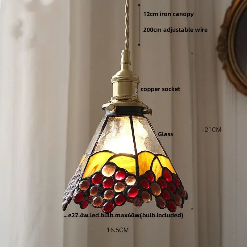 Vintage colorful glass tiffany pendant lamp with grape motif amber and deep red glass in brass fixture for dining room decorbites colorful glass