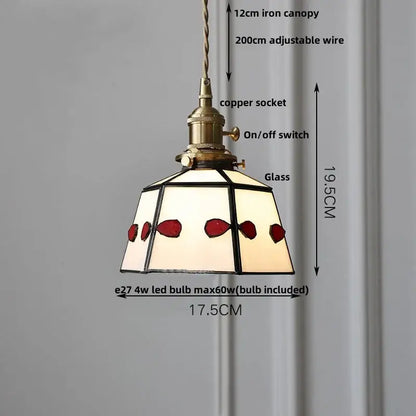 Antique-style pendant lamp with brass-finished copper socket and colorful glass tiffany shade for dining room decorbites