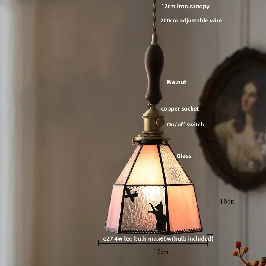 Vintage colorful glass tiffany pendant lamp with warm amber glass, walnut iron canopy, copper socket, and intricate cat decorbites colorful glass design