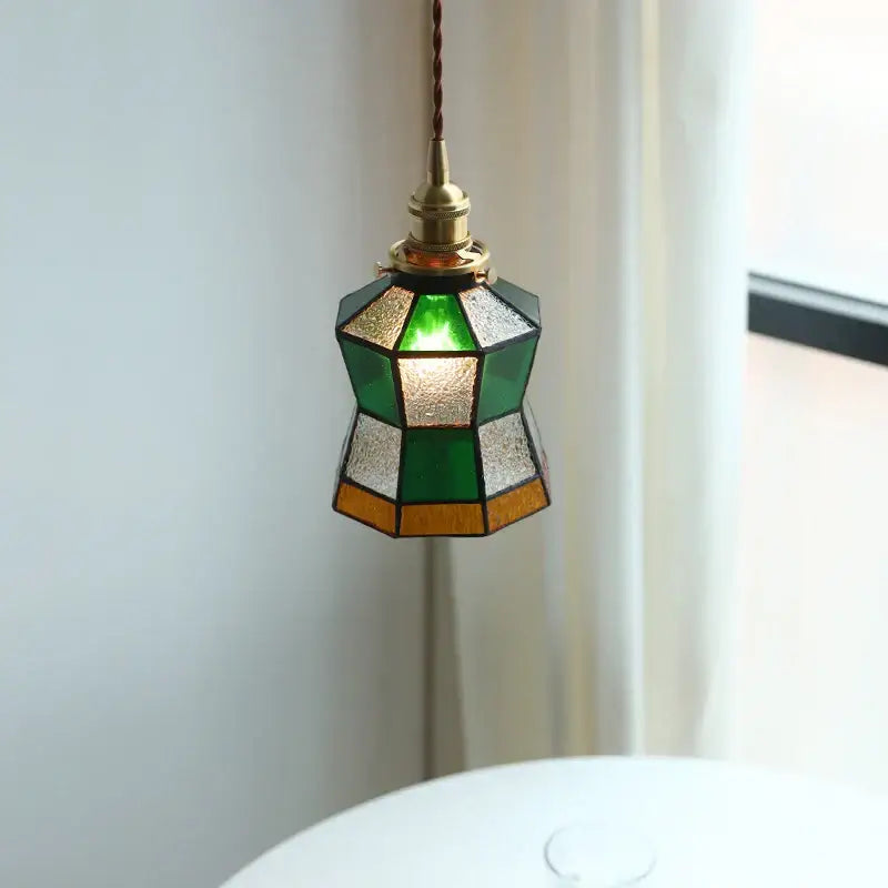 Vintage colorful glass tiffany pendant lamp with green and silver stained glass and brass fixture for dining room decorbites colorful glass