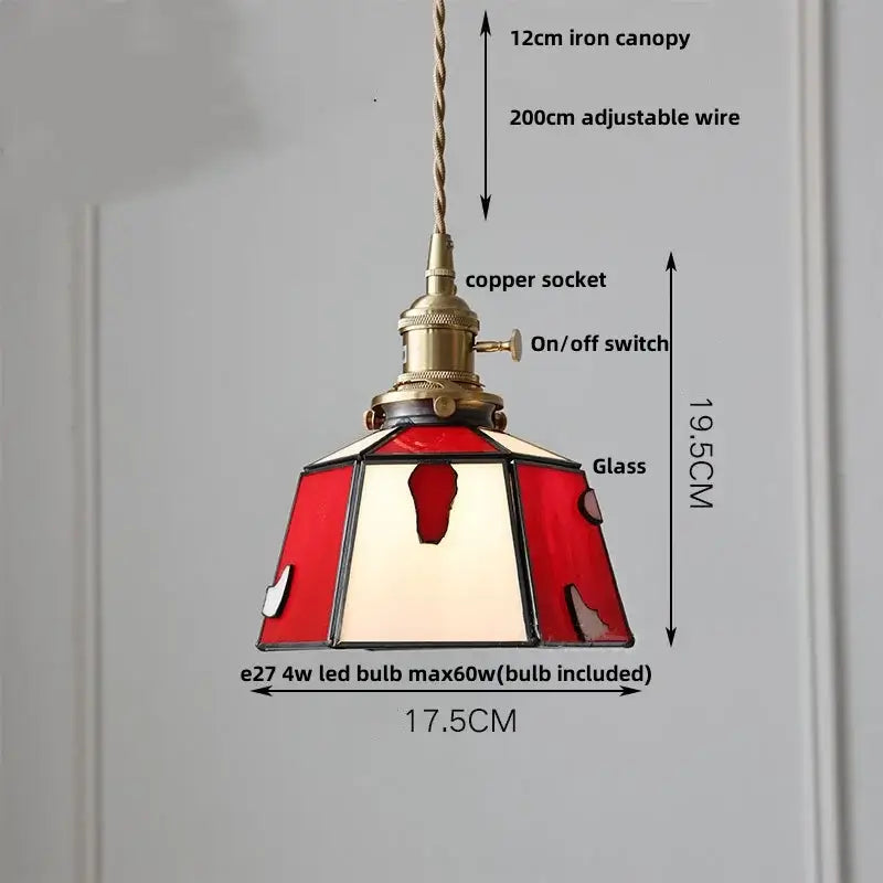 Vintage colorful glass tiffany pendant lamp with red and cream stained glass and brass copper socket for dining room decorbites colorful glass