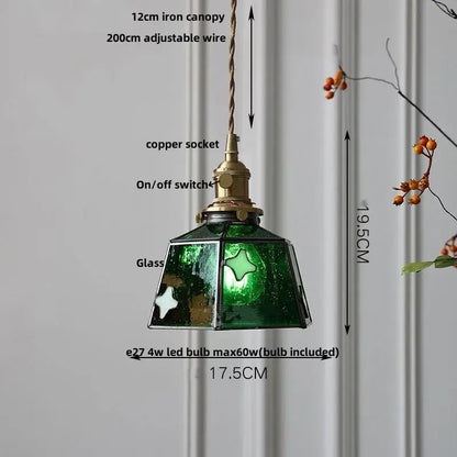 Green colorful glass tiffany pendant lamp with brass-finished copper socket and on/off switch for dining room decorbites fixture