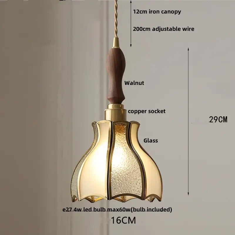 A warm-toned colorful glass tiffany pendant lamp with walnut wood handle brass accents by decorbites for dining room decor
