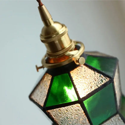 Vintage colorful glass tiffany pendant lamp with brass fixture and emerald green geometric panels for dining room decorbites colorful glass decor