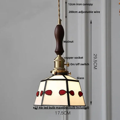 Vintage colorful glass tiffany pendant lamp with walnut handle brass socket and red leaf stained glass shade for dining room decorbites colorful glass