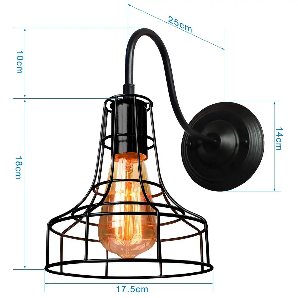 Black wrought iron vintage copper decorbites iron cage wall sconce with iron cage guard and exposed filament bulb for bedroom light