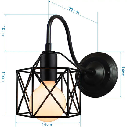 Black wrought iron wall sconce with geometric iron cage guard and warm bulb for vintage copper decorbites bedroom light