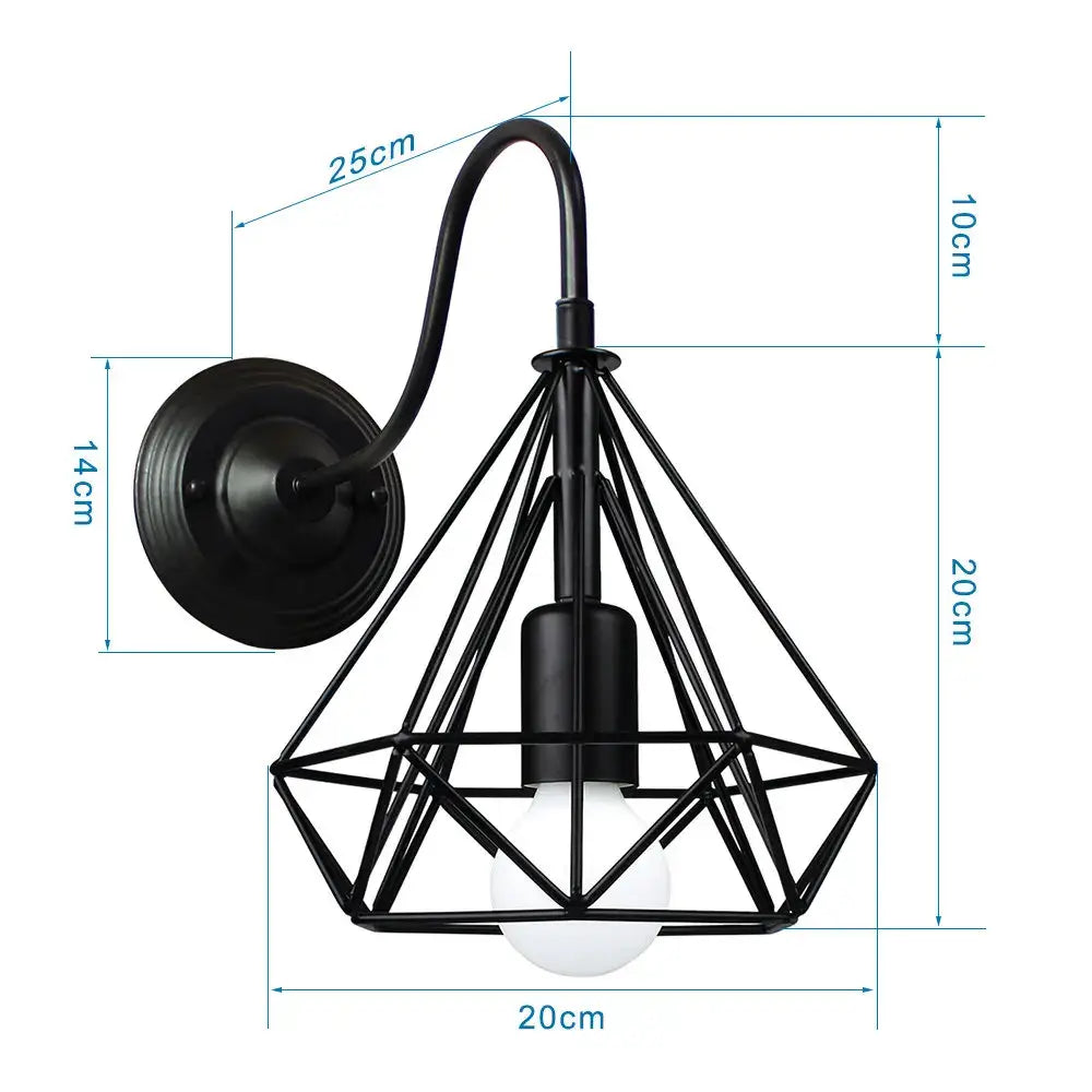 Black metal wall sconce with diamond-shaped iron cage guard and curved arm for vintage copper decorbites bedroom light